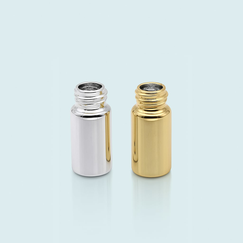 بطری شیشه قطره چکان 10 میل دهانه 18 آبکاری  طلایی _ نقره ای PH120062