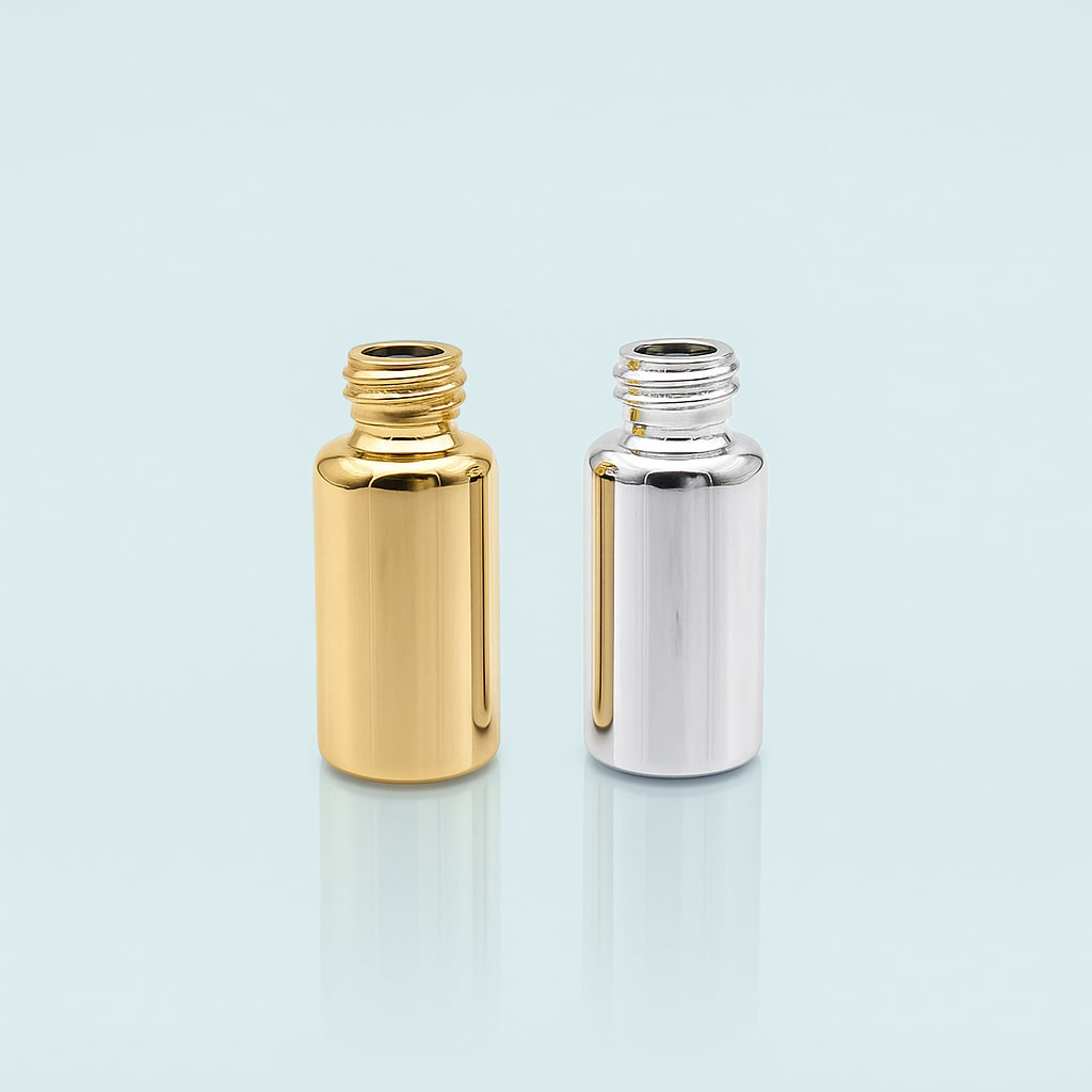 بطری شیشه قطره چکان 20 میل دهانه 18 آبکاری طلایی و نقره ای PH120063